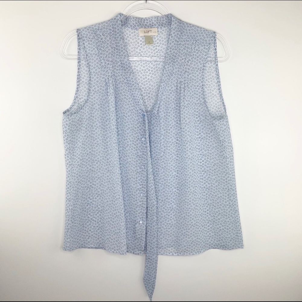 LOFT Petite Blue Dot Tie Neck Sheer Tank Blouse LP